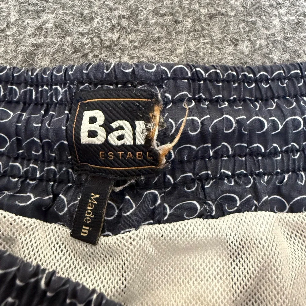 Barbour Mens Small Navy Blue Wave Print Swim Trunks Shorts Mesh Lined Beach